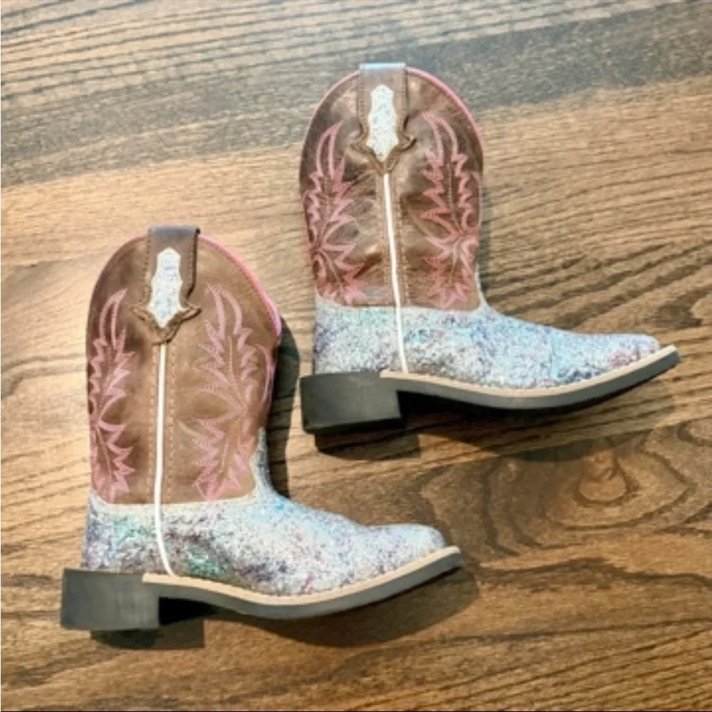 Girls Glitter Square-Toe Cowboy Boots in Pink and Brown
